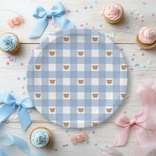 Blauer Gingham-Teddybär - Kaum warten Baby-Junge-S Pappteller