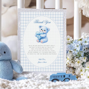 Blauer Gingham-Teddybär Neutrale Babyparty Einladung