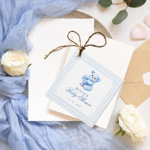 Blauer Gingham-Teddybär neutrale Babyparty Geschenkanhänger