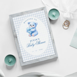 Blauer Gingham-Teddybär neutrale Babyparty Poster