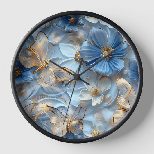 Blauer Glass Goldene Schmetterlinge auf der Blume Uhr (Vorderseite)