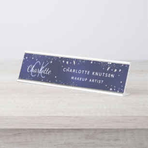 Blauer Glitter-Monogramm-Profi  Schreibtischnamensplakette
