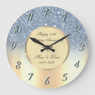 Blauer Glitter Ombre Gold 50. Hochzeitstag Große Wanduhr