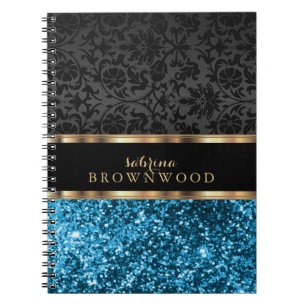 Blauer Glitter und schwarzer Damast Notizblock