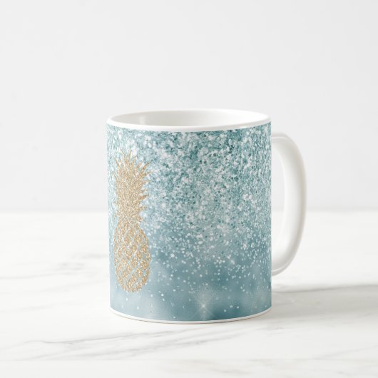 Blauer Glittery Sparkle Gold Ananas Kaffeetasse (VorderseiteRechts)