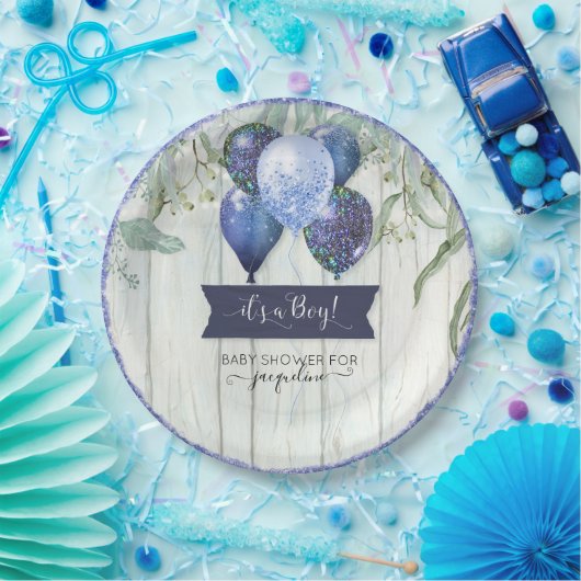 Blauer Glitzer Balloons Eucalyptus Baby Dusche Pappteller (Party)