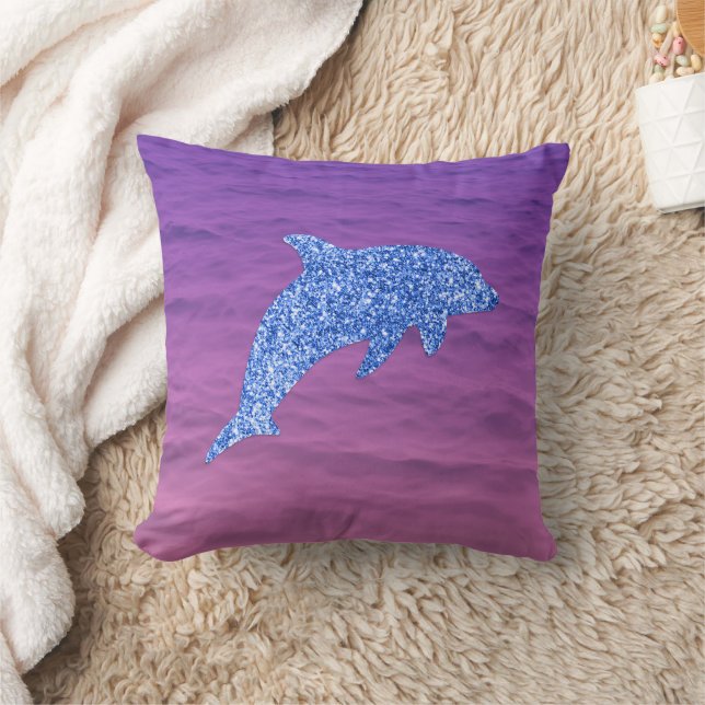 Blauer Glitzer Dolphin in rosa und Lila Meer Kissen (Decke)