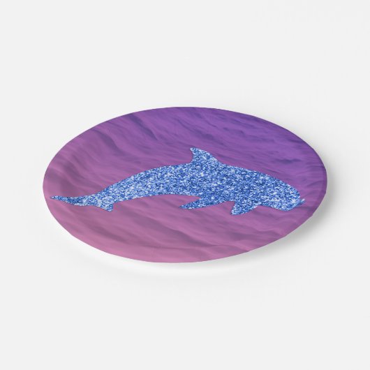 Blauer Glitzer Dolphin in rosa und Lila Meer Pappteller (Schrägansicht)
