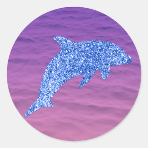 Blauer Glitzer Dolphin in rosa und Lila Meer Runder Aufkleber