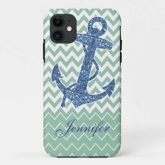 Blauer Glitzer-Druck-Anker-tadelloser grüner Case-Mate iPhone Hülle (Rückseite)