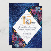 Blauer Glitzer Floral Mis Quince Einladung (Vorne/Hinten)