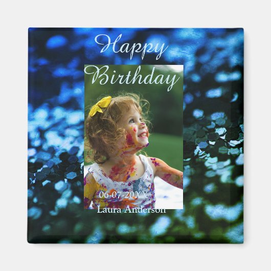 Blauer Glitzer Foto Kindergeburtstag Moderner Rost Magnet (Vorne)