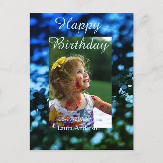 Blauer Glitzer Foto Kindergeburtstag Moderner Rost Postkarte (Vorderseite)