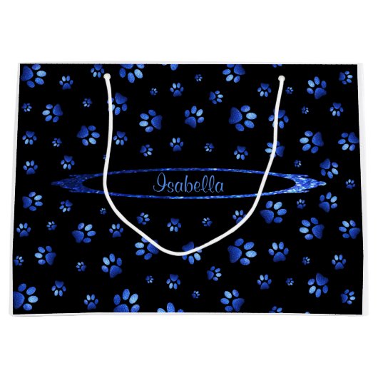 Blauer Glitzer Hundeschema Monogram Große Geschenktüte (Vorderseite)