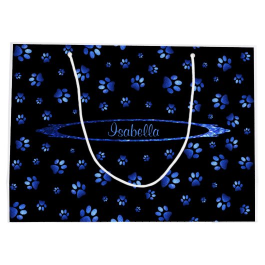 Blauer Glitzer Hundeschema Monogram Große Geschenktüte (Rückseite)