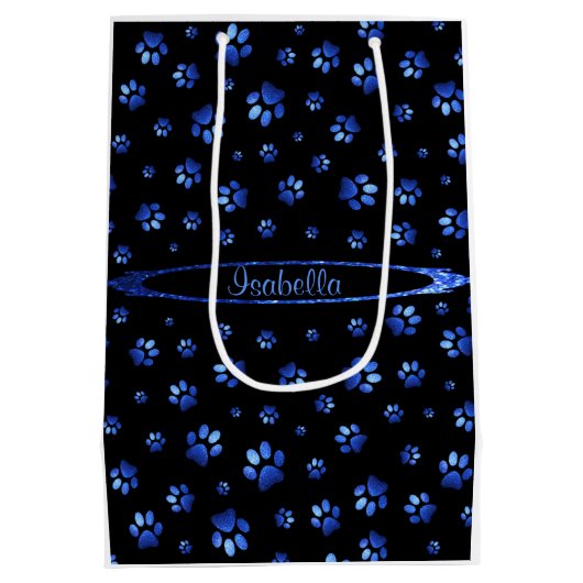 Blauer Glitzer Hundeschema Monogram Mittlere Geschenktüte (Rückseite)