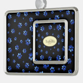 Blauer Glitzer Hundeschema, Monogramm Rahmen-Ornament Silber (Links)