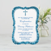 Blauer Glitzer Kreuz Heilige Kommunion oder Bestät Einladung (Stehend Vorderseite)