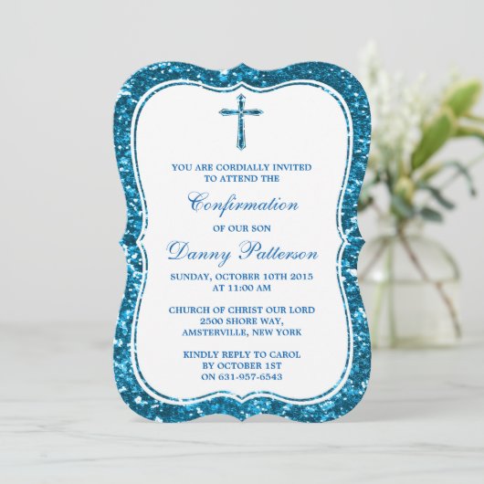 Blauer Glitzer Kreuz Heilige Kommunion oder Bestät Einladung (Stehend Vorderseite)