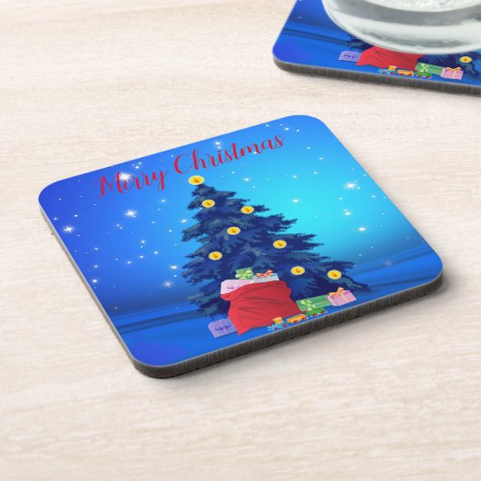 Blauer Glitzer mit Weihnachtsbaum und Geschenken Getränkeuntersetzer (Linke Seite)
