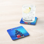 Blauer Glitzer mit Weihnachtsbaum und Geschenken Getränkeuntersetzer (Rechte Seite)
