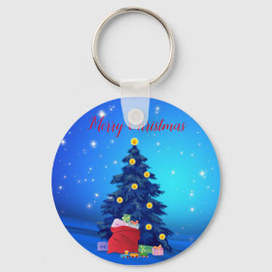 Blauer Glitzer mit Weihnachtsbaum und Geschenken Schlüsselanhänger