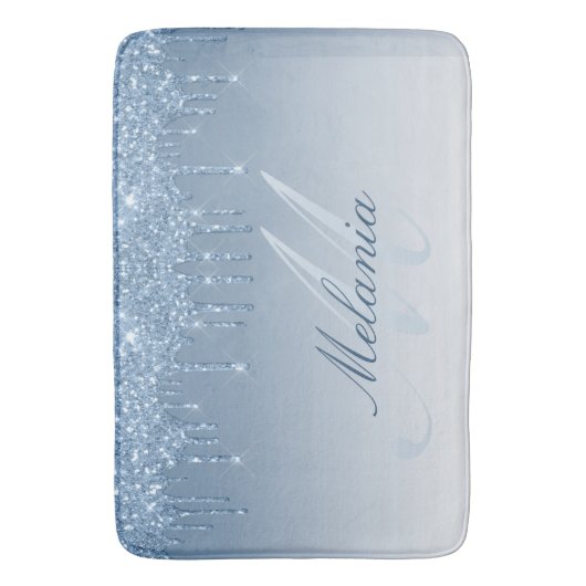 Blauer Glitzer Monogramm Badematte (Vorderseite Vertikal)