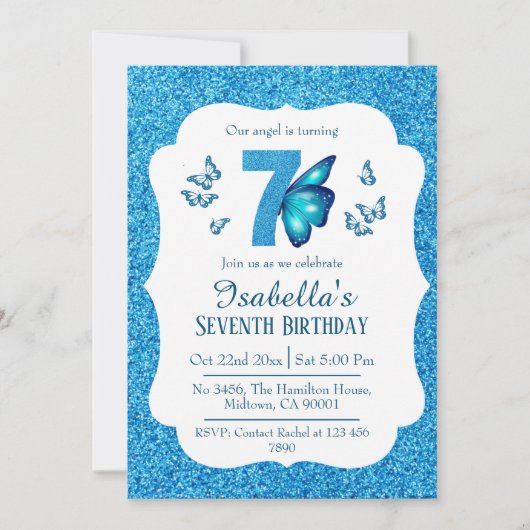 Blauer Glitzer niedlich lebendig funkelnd 7. Gebur Einladung (Vorderseite)