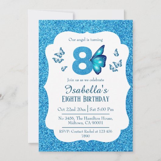 Blauer Glitzer niedlich lebendig funkelnd 8. Gebur Einladung (Vorderseite)