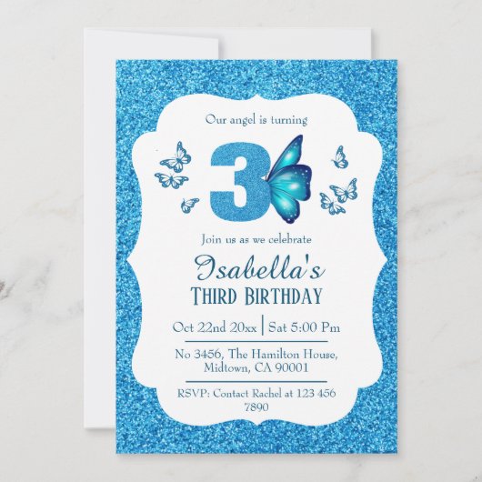 Blauer Glitzer niedlich lebendig funkelnder 3. Geb Einladung (Vorderseite)