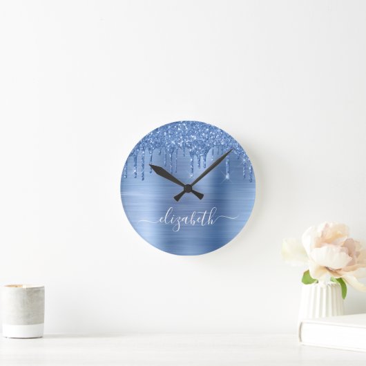 Blauer Glitzer Personalisiert Runde Wanduhr (Zuhause)