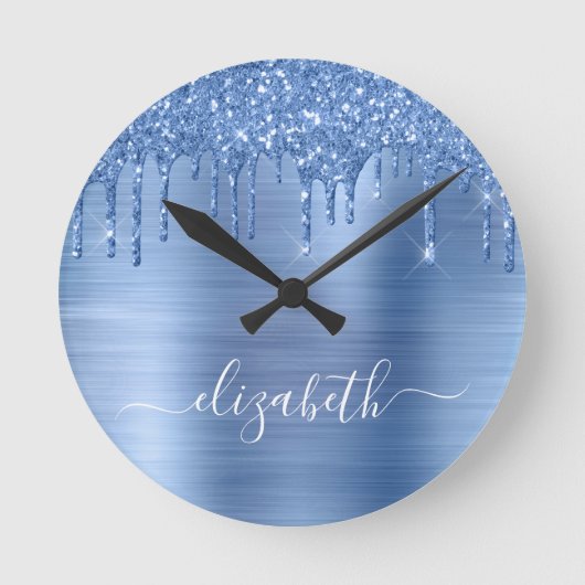 Blauer Glitzer Personalisiert Runde Wanduhr (Vorderseite)