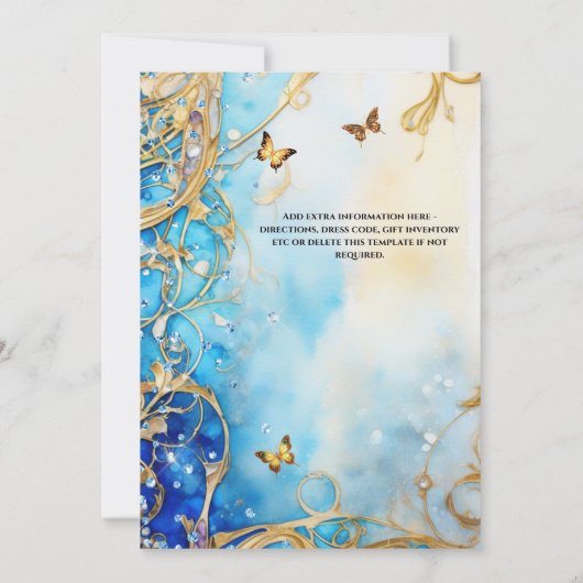 Blauer Glitzer Quinceañera Blütenschmetterling Einladung (Rückseite)