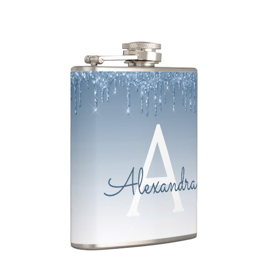 Blauer Glitzer Sparkle Monogram Flachmann (Rechts)