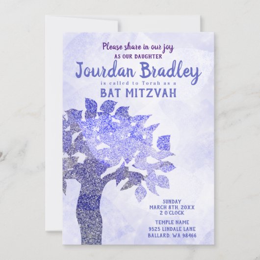 Blauer Glitzer Tree Bat Mitzvah Einladung (Vorderseite)