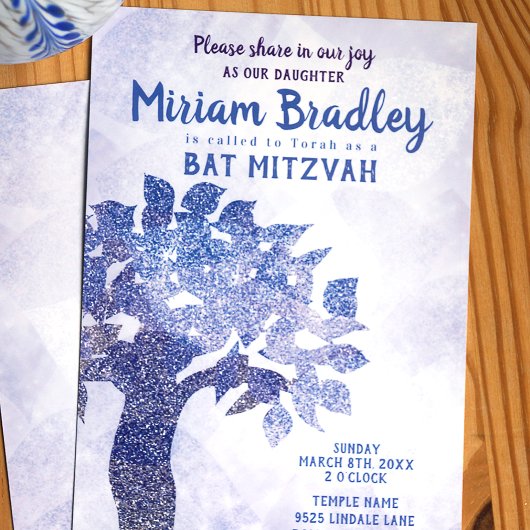 Blauer Glitzer Tree Bat Mitzvah Einladung