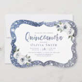 Blauer Glitzer und blumengeschmückte Quinceanera Einladung (Vorderseite)