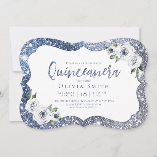 Blauer Glitzer und blumengeschmückte Quinceanera Einladung (Vorderseite)