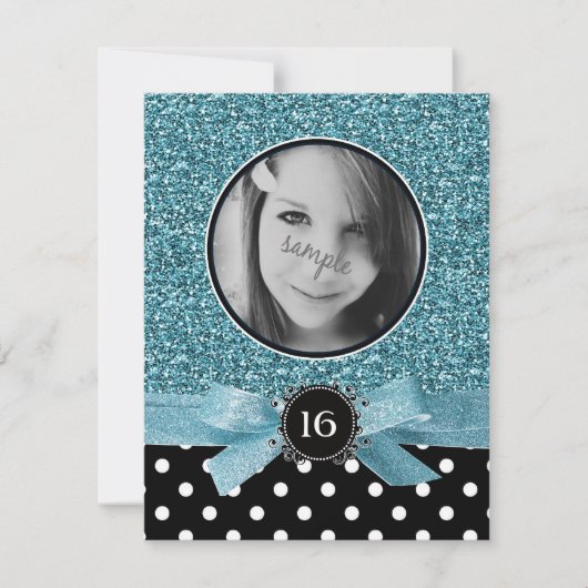 Blauer Glitzer und BW-Punkte-Foto-Bonbon 16 Einladung (Vorderseite)