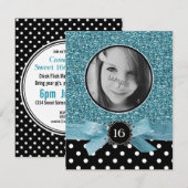 Blauer Glitzer und BW-Punkte-Foto-Bonbon 16 Einladung (Vorne/Hinten)