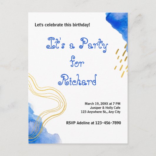 Blauer Glitzer und Goldgeburtstag Einladungspostkarte (Vorderseite)