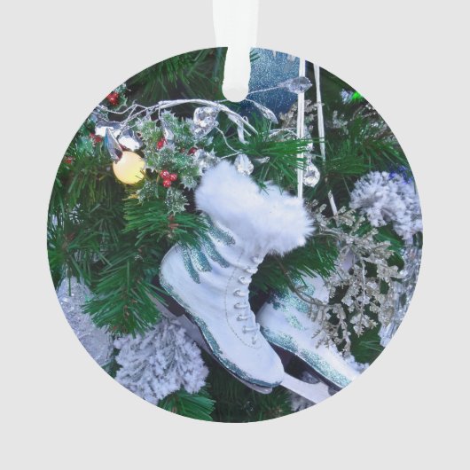 Blauer Glitzer und Pelzeis-Skate auf Weihnachtsbau Ornament (Rückseite)