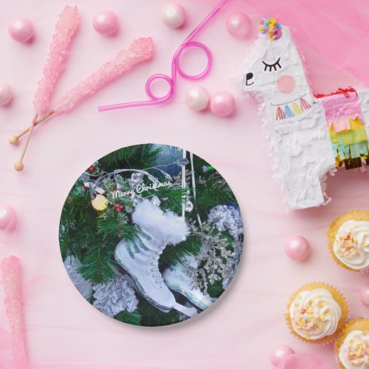 Blauer Glitzer und Pelzeis-Skate auf Weihnachtsbau Pappteller (Party)
