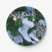 Blauer Glitzer und Pelzeis-Skate auf Weihnachtsbau Pappteller (Vorderseite)