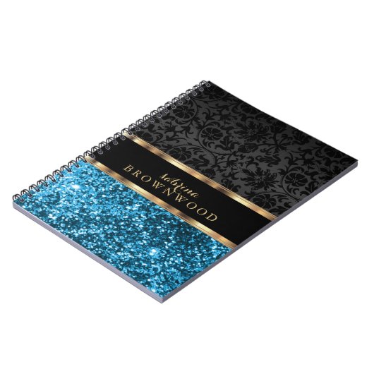 Blauer Glitzer und schwarzer Damast Notizblock (Linke Seite)