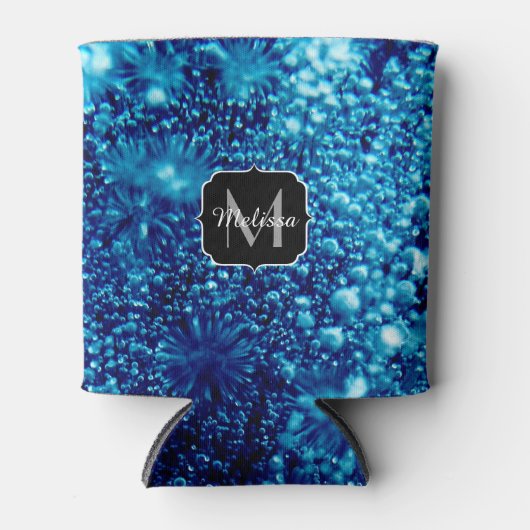 Blauer Glitzern Abstrakt gefrorene Blasen Monogram Dosenkühler (Vorderseite)
