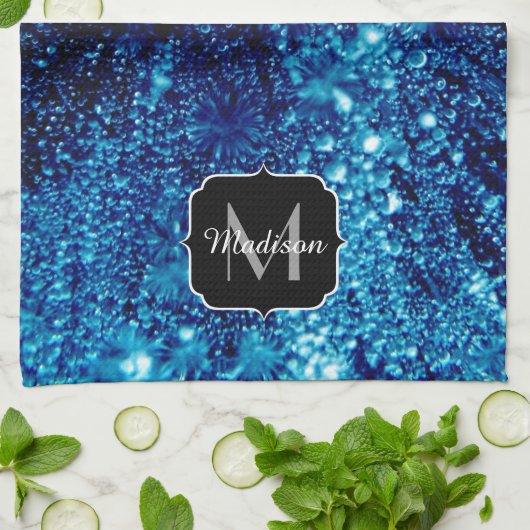 Blauer Glitzern Abstrakt gefrorene Blasen Monogram Geschirrtuch (Gefaltet)