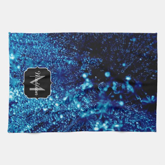 Blauer Glitzern Abstrakt gefrorene Blasen Monogram Geschirrtuch (Horizontal)