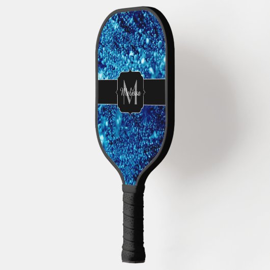 Blauer Glitzern Abstrakt gefrorene Blasen Monogram Pickleball Schläger (Links)