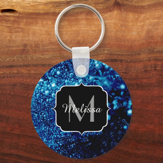 Blauer Glitzern Abstrakt gefrorene Blasen Monogram Schlüsselanhänger (Rückseite)